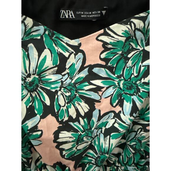Zara Floral Side Cut-Out Poplin Puff Sleeve Midi Dress Green Pink Size Medium - Picture 9 of 14